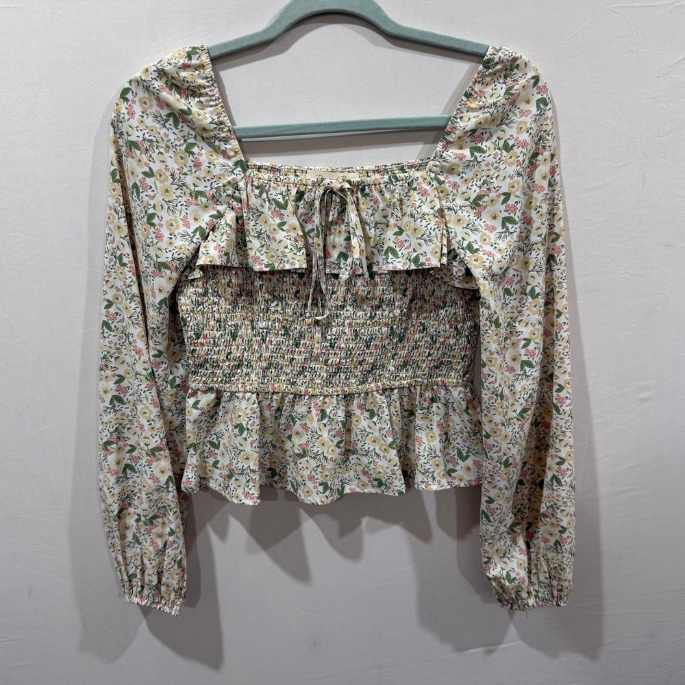 Doe and Rae Floral Smocked Peplum Blouse Square Neck Long Sleeve Small 1627C